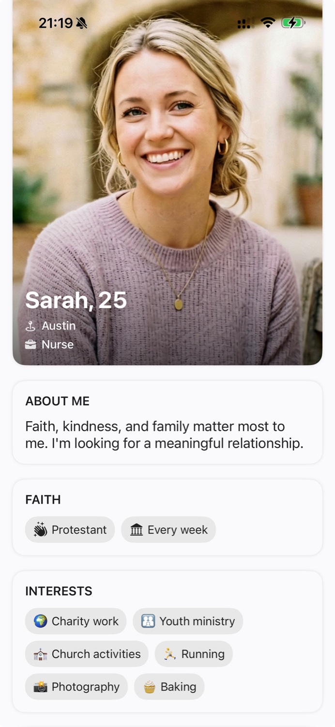 GraceMeet profile sections with about me, faith, and interests